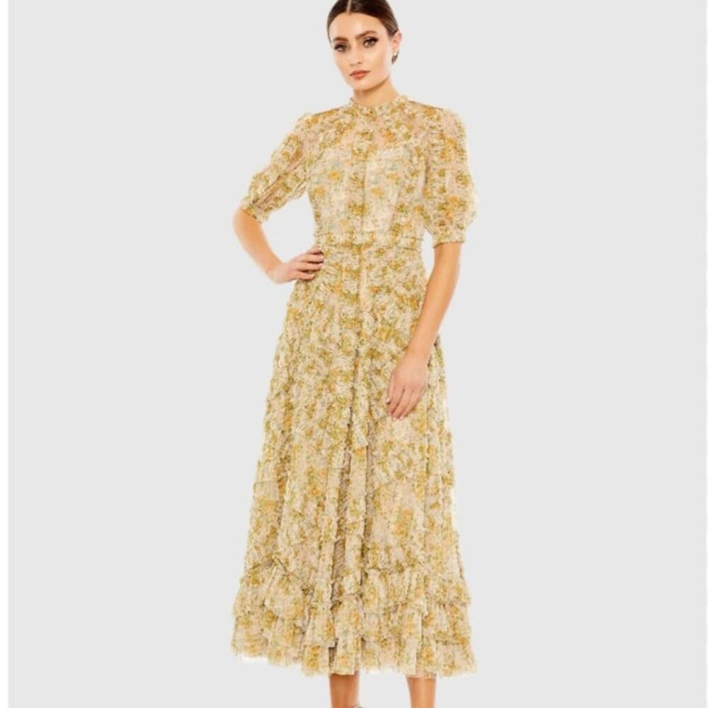 Mac Duggal Floral Maxi Dress High Neck Puff Sleeve Gown sz 18 XL $398 Yellow Tan